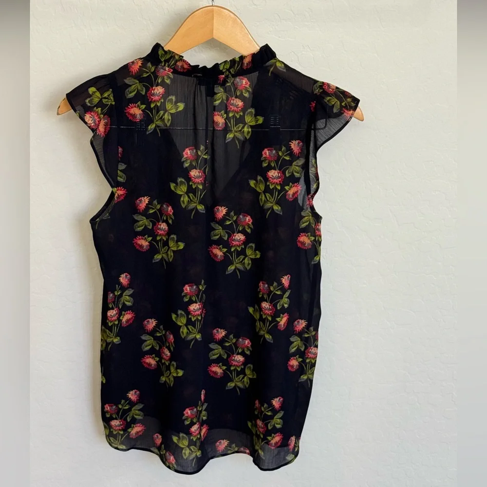 J.Crew Point Sur Silk Navy Floral Ruffle Sleeveless Blouse Chiffon Popover Small - Picture 3 of 4